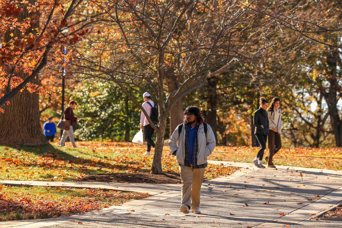 student walking campus among fall changing trees