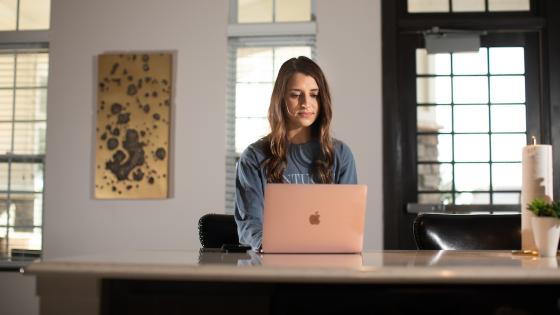 professional student workong on laptop at home